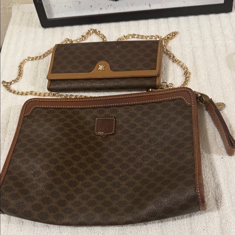 Celine leather designer elegant brown patterned Clutch/Crossbody and Wallet Set